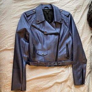 Faux Leather Metallic Blue Moto Jacket